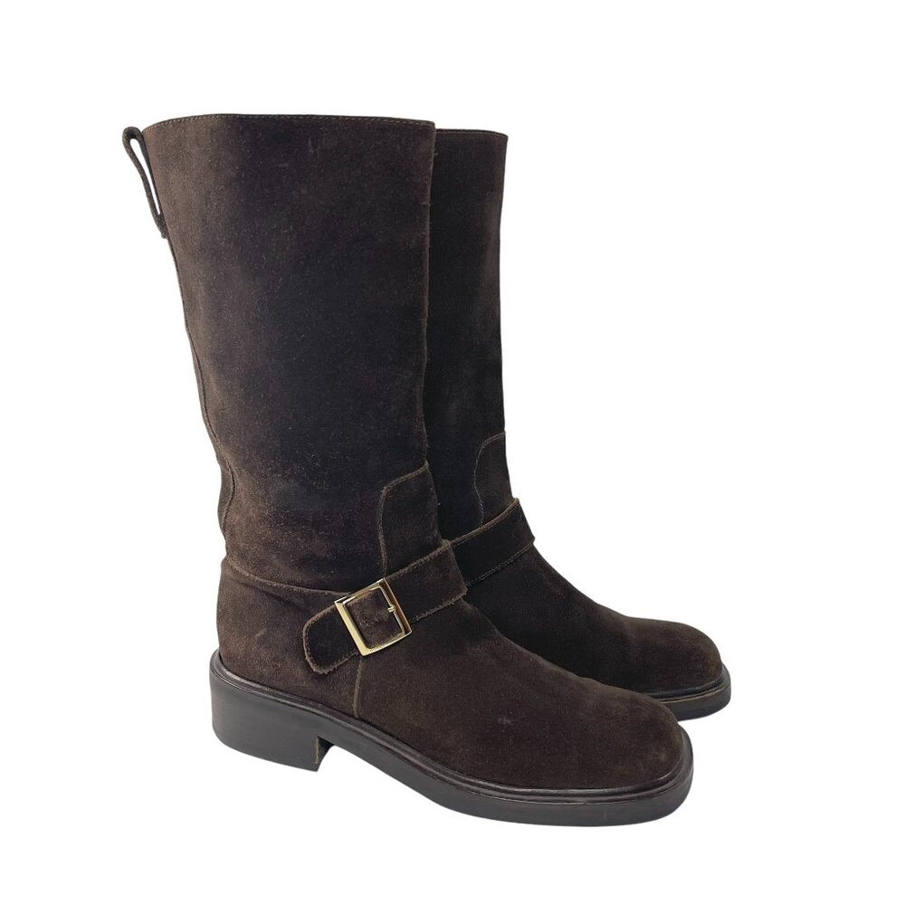 Vintage GUCCI Dark Brown Suede Buckle Mid Calf Boots Womens 36.5 6.5 B - Picture 2 of 10